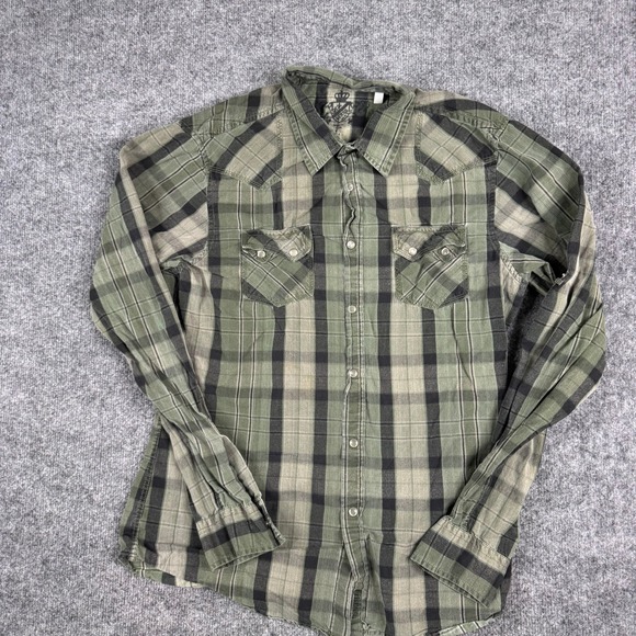 Guess Other - Guess Button Down Mens Size L Green Plaid Western Pearl Snap Cotton Long Sleeve